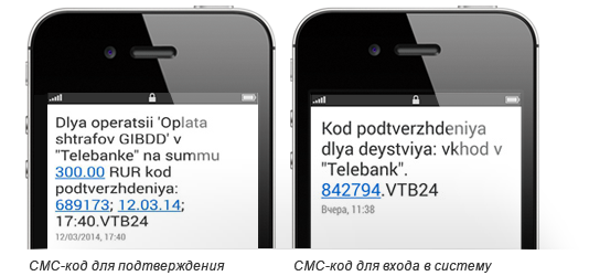 СМС коды ВТБ24 Телебанк